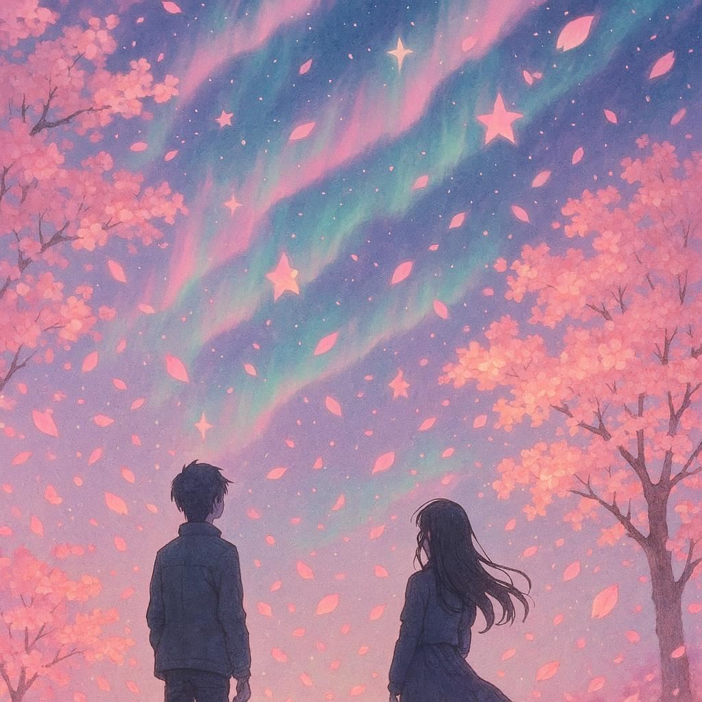 A magical spring night sky glowing with soft pastel stars and drifting cherry‑blossom petals, gentle auroras shimmering in pink and mint hues. Silhouetted characters stand beneath blooming trees, gazing upward as petals swirl around them. The scene is rendered in dreamy anime style with warm, fresh colors and a clear, uplifting atmosphere.